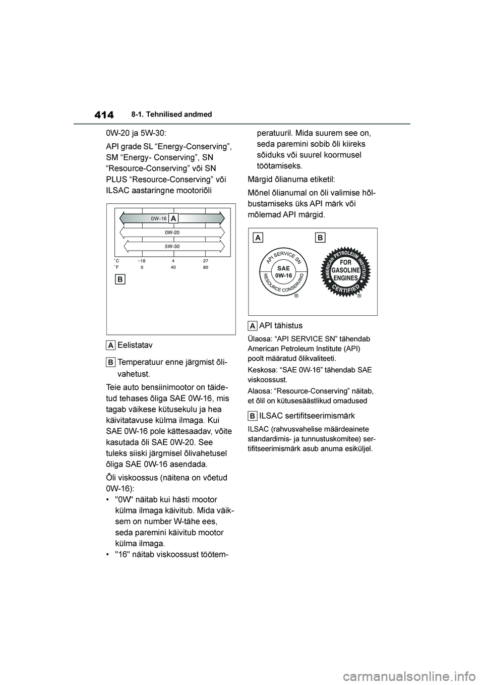 TOYOTA YARIS 2021  Kasutusjuhend (in Estonian) 414
YARIS(HB) Owners Manual_Europe_MK0001_EE
8-1. Tehnilised andmed
0W-20 ja 5W-30:
API grade SL “Energy-Conserving”, 
SM “Energy- Conserving”, SN 
“Resource-Conserving” või SN 
PLUS “