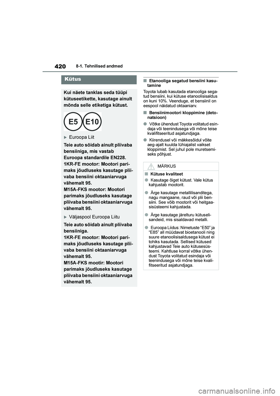 TOYOTA YARIS 2021 Kasutusjuhend (in Estonian) 420
YARIS(HB) Owners Manual_Europe_MK0001_EE
8-1. Tehnilised andmed
■Etanooliga segatud bensiini kasu-
tamine
Toyota lubab kasutada etanooliga sega -
tud bensiini, kui kütuse etanoolisisaldus
on TOYOTA YARIS 2021 Kasutusjuhend (in Estonian) 420
YARIS(HB) Owners Manual_Europe_MK0001_EE
8-1. Tehnilised andmed
■Etanooliga segatud bensiini kasu-
tamine
Toyota lubab kasutada etanooliga sega -
tud bensiini, kui kütuse etanoolisisaldus
on