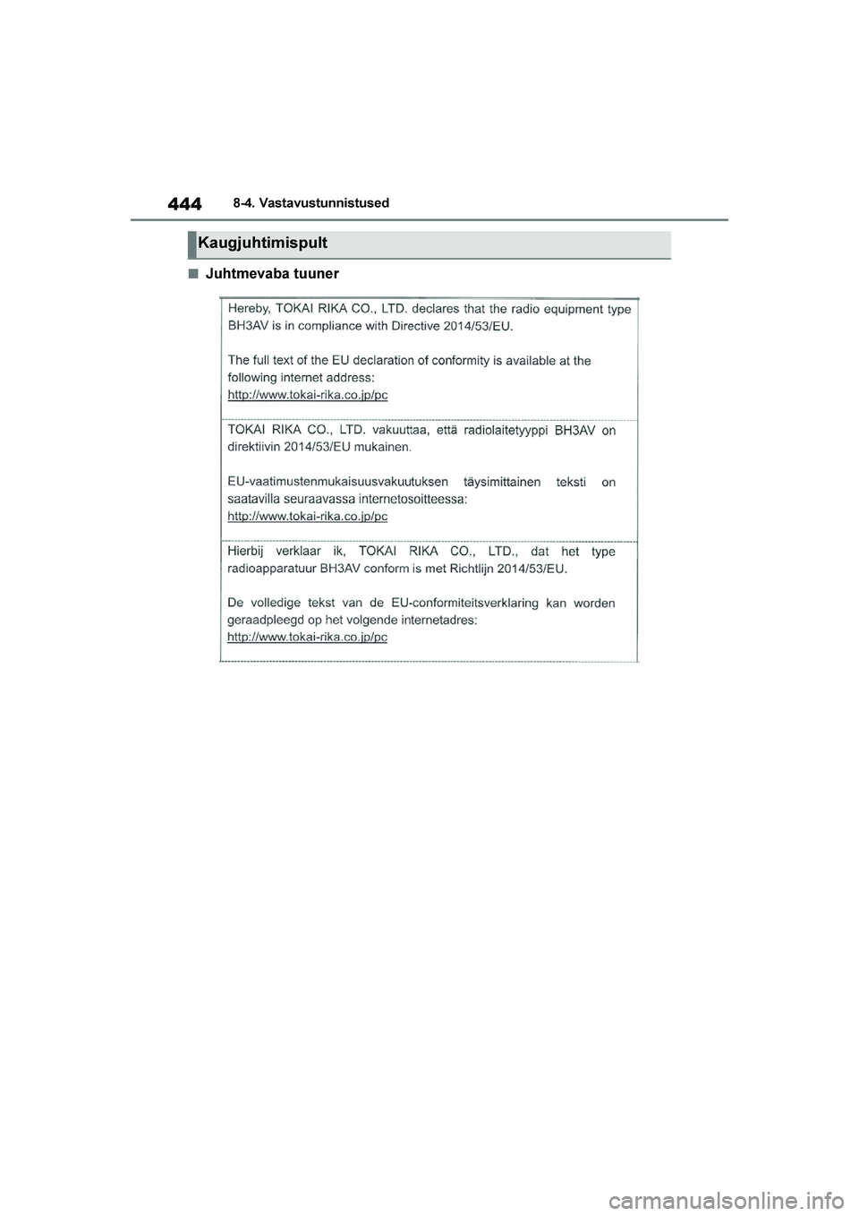 TOYOTA YARIS 2021  Kasutusjuhend (in Estonian) 444
YARIS(HB) Owners Manual_Europe_MK0001_EE
8-4. Vastavustunnistused
■Juhtmevaba tuuner
Kaugjuhtimispult
YARIS(HB)_OM_Europe_OMK0001E.book  Page 444  Friday, March 27, 2020  1:10 PM 