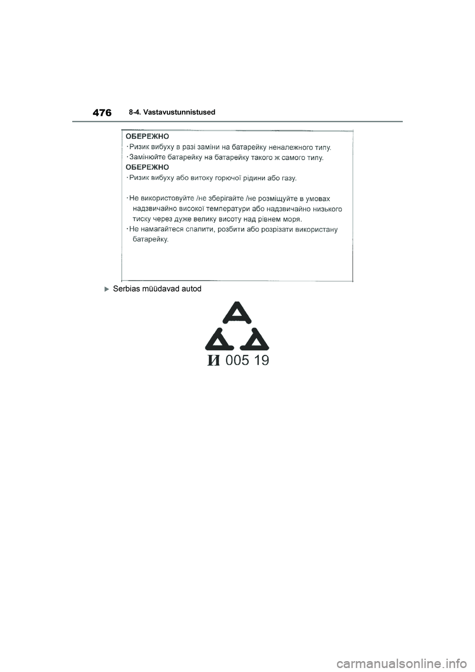 TOYOTA YARIS 2021  Kasutusjuhend (in Estonian) 476
YARIS(HB) Owners Manual_Europe_MK0001_EE
8-4. Vastavustunnistused
Serbias müüdavad autod
YARIS(HB)_OM_Europe_OMK0001E.book  Page 476  Friday, March 27, 2020  1:10 PM 