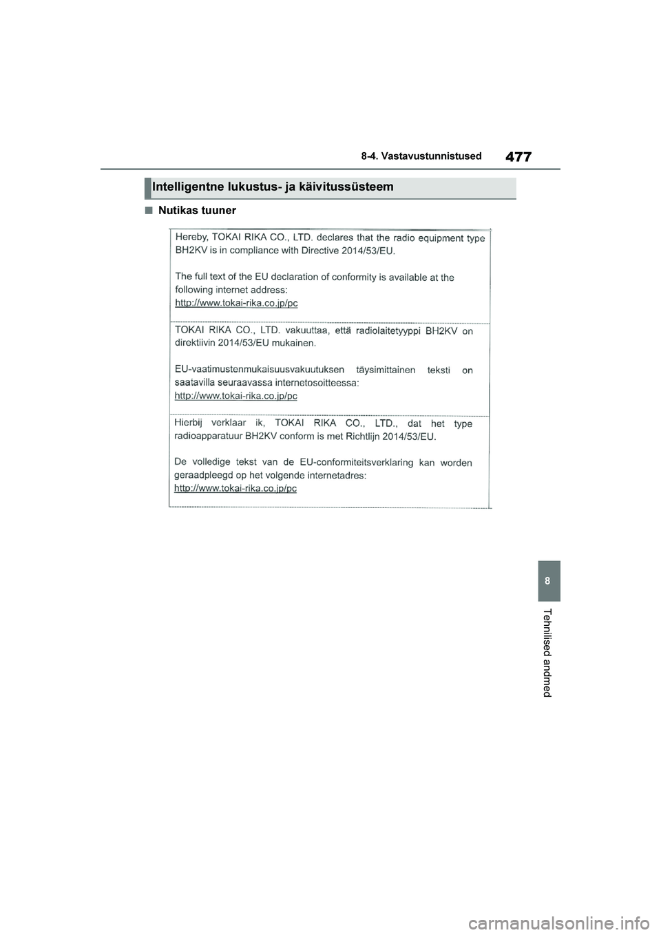 TOYOTA YARIS 2021  Kasutusjuhend (in Estonian) 477
8
YARIS(HB) Owners Manual_Europe_MK0001_EE
8-4. Vastavustunnistused
Tehnilised andmed
■Nutikas tuuner
Intelligentne lukustus- ja käivitussüsteem
YARIS(HB)_OM_Europe_OMK0001E.book  Page 477  F