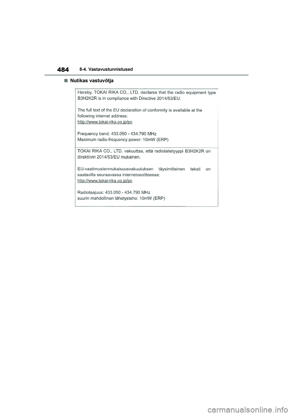 TOYOTA YARIS 2021  Kasutusjuhend (in Estonian) 484
YARIS(HB) Owners Manual_Europe_MK0001_EE
8-4. Vastavustunnistused
■Nutikas vastuvõtja
YARIS(HB)_OM_Europe_OMK0001E.book  Page 484  Friday, March 27, 2020  1:10 PM 