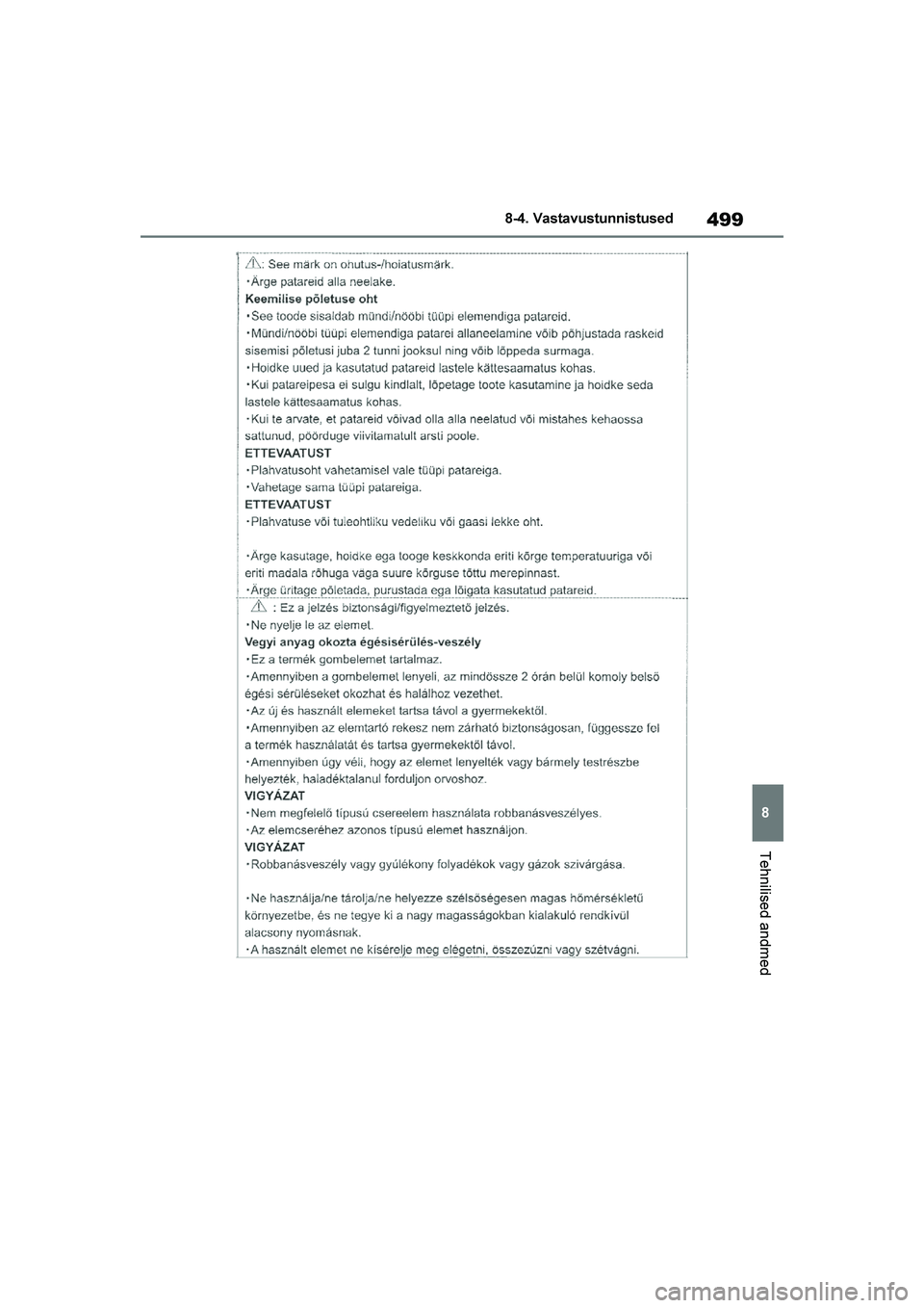 TOYOTA YARIS 2021  Kasutusjuhend (in Estonian) 499
8
YARIS(HB) Owners Manual_Europe_MK0001_EE
8-4. Vastavustunnistused
Tehnilised andmed
YARIS(HB)_OM_Europe_OMK0001E.book  Page 499  Friday, March 27, 2020  1:10 PM 