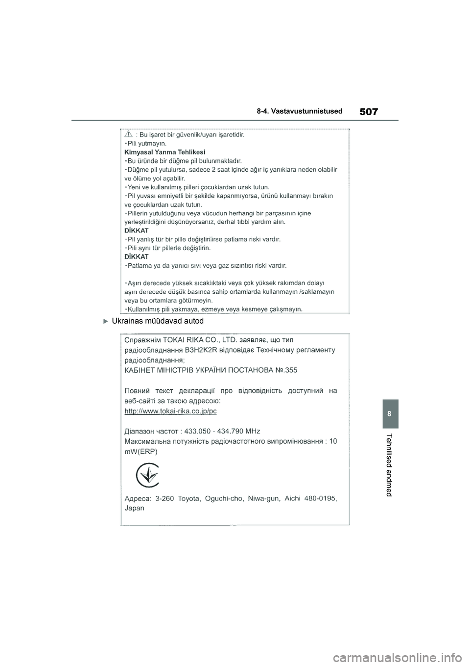 TOYOTA YARIS 2021  Kasutusjuhend (in Estonian) 507
8
YARIS(HB) Owners Manual_Europe_MK0001_EE
8-4. Vastavustunnistused
Tehnilised andmed
Ukrainas müüdavad autod
YARIS(HB)_OM_Europe_OMK0001E.book  Page 507  Friday, March 27, 2020  1:10 PM 