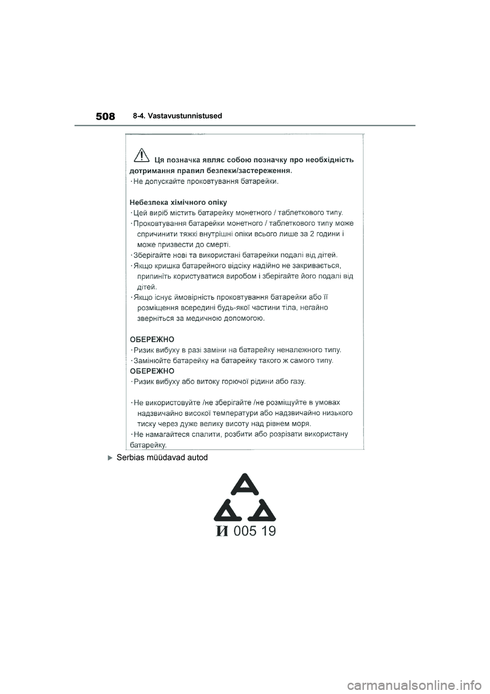 TOYOTA YARIS 2021  Kasutusjuhend (in Estonian) 508
YARIS(HB) Owners Manual_Europe_MK0001_EE
8-4. Vastavustunnistused
Serbias müüdavad autod
YARIS(HB)_OM_Europe_OMK0001E.book  Page 508  Friday, March 27, 2020  1:10 PM 