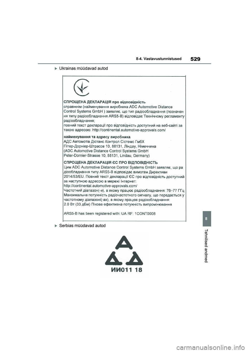 TOYOTA YARIS 2021  Kasutusjuhend (in Estonian) 529
8
YARIS(HB) Owners Manual_Europe_MK0001_EE
8-4. Vastavustunnistused
Tehnilised andmed
Ukrainas müüdavad autod
Serbias müüdavad autod
YARIS(HB)_OM_Europe_OMK0001E.book  Page 529  Friday, Mar