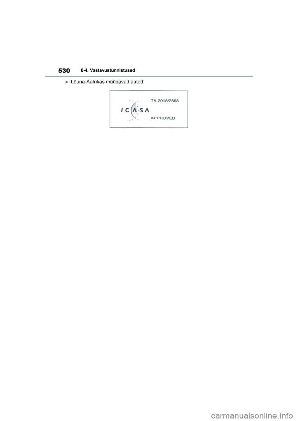 TOYOTA YARIS 2021  Kasutusjuhend (in Estonian) 530
YARIS(HB) Owners Manual_Europe_MK0001_EE
8-4. Vastavustunnistused
Lõuna-Aafrikas müüdavad autod
YARIS(HB)_OM_Europe_OMK0001E.book  Page 530  Friday, March 27, 2020  1:10 PM 