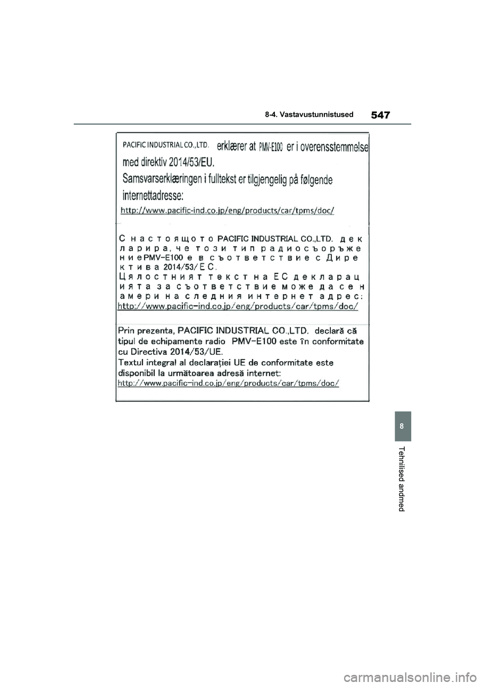 TOYOTA YARIS 2021  Kasutusjuhend (in Estonian) 547
8
YARIS(HB) Owners Manual_Europe_MK0001_EE
8-4. Vastavustunnistused
Tehnilised andmed
YARIS(HB)_OM_Europe_OMK0001E.book  Page 547  Friday, March 27, 2020  1:10 PM 