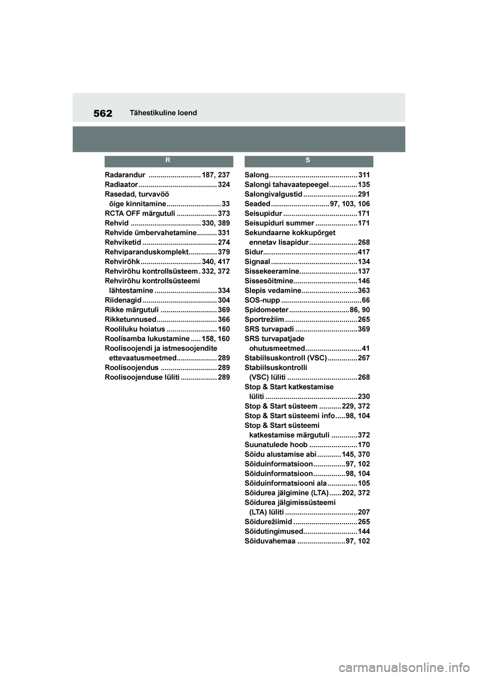 TOYOTA YARIS 2021 Kasutusjuhend (in Estonian) 562
YARIS(HB) Owners Manual_Europe_MK0001_EE
Tähestikuline loend
R
Radarandur .......................... 187, 237
Radiaator ....................................... 324
Rasedad, turvavöö õige kinn TOYOTA YARIS 2021 Kasutusjuhend (in Estonian) 562
YARIS(HB) Owners Manual_Europe_MK0001_EE
Tähestikuline loend
R
Radarandur .......................... 187, 237
Radiaator ....................................... 324
Rasedad, turvavöö õige kinn