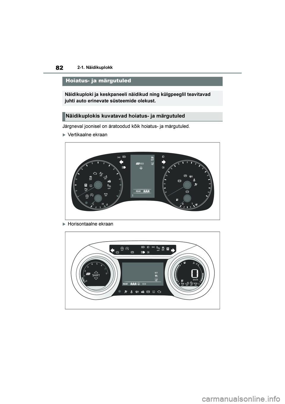 TOYOTA YARIS 2021  Kasutusjuhend (in Estonian) 82
YARIS(HB) Owners Manual_Europe_MK0001_EE
2-1. Näidikuplokk
2- 1. Näi di kupl okk
Järgneval joonisel on äratoodud kõik hoiatus- ja märgutuled.
Vertikaalne ekraan
Horisontaalne ekraan
Hoiatu