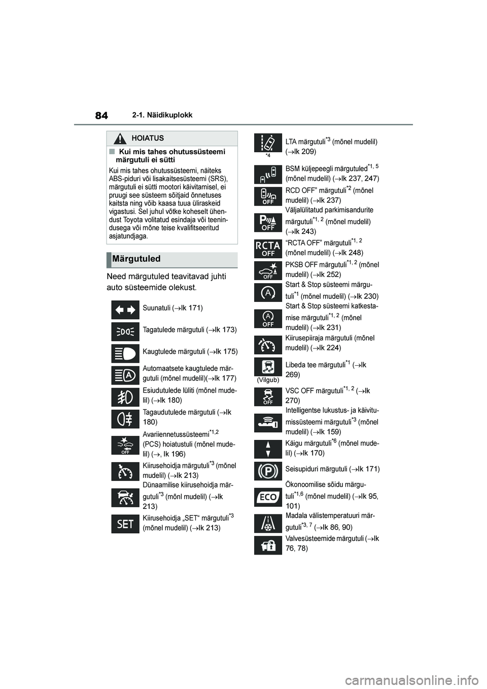 TOYOTA YARIS 2021  Kasutusjuhend (in Estonian) 84
YARIS(HB) Owners Manual_Europe_MK0001_EE
2-1. Näidikuplokk
Need märgutuled teavitavad juhti 
auto süsteemide olekust.
HOIATUS
■Kui mis tahes ohutussüsteemi 
märgutuli ei sütti
Kui mis tahe
