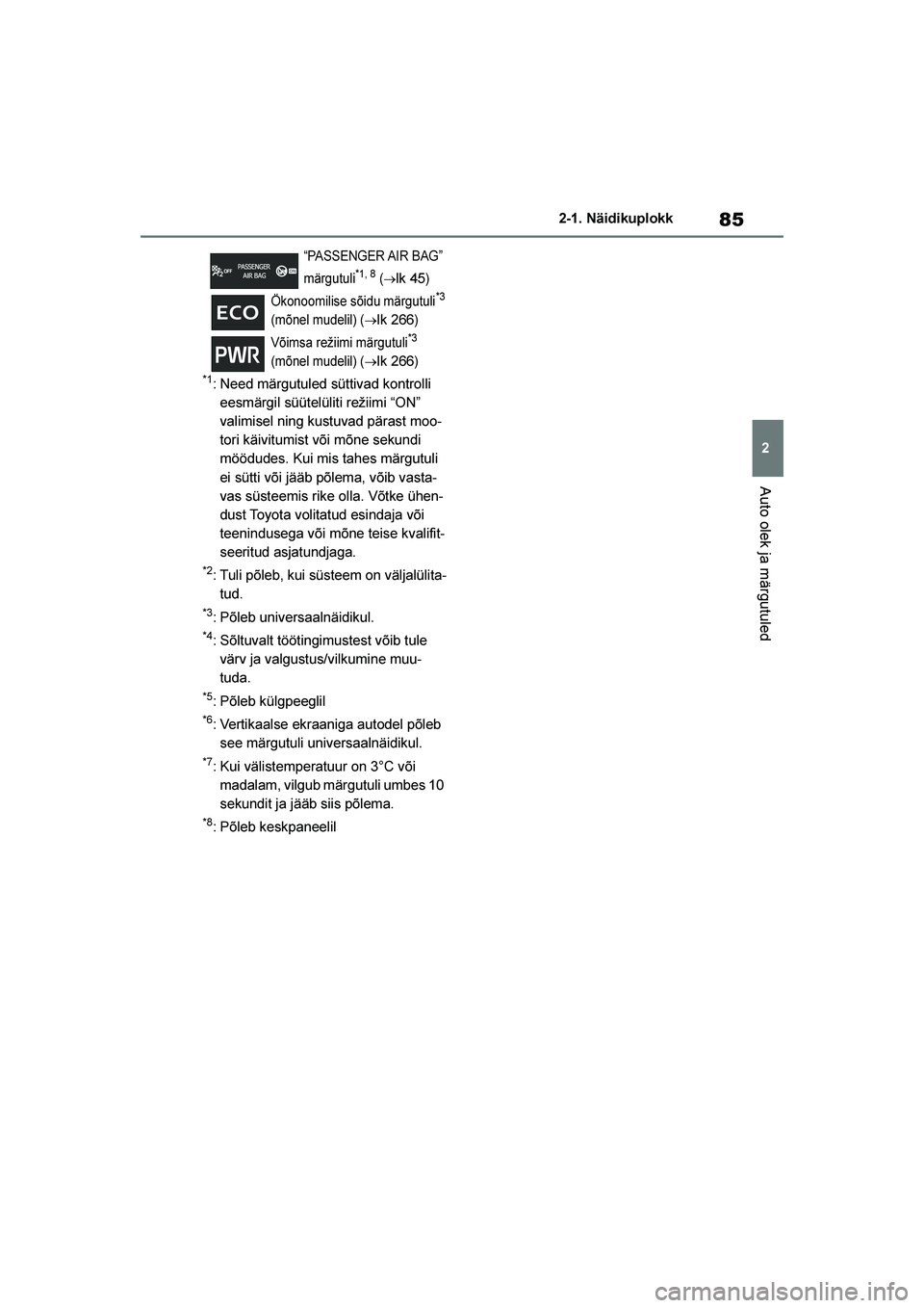 TOYOTA YARIS 2021  Kasutusjuhend (in Estonian) 85
2
YARIS(HB) Owners Manual_Europe_MK0001_EE
2-1. Näidikuplokk
Auto olek ja märgutuled
*1: Need märgutuled süttivad kontrolli eesmärgil süütelüliti režiimi “ON” 
valimisel ning kustuvad