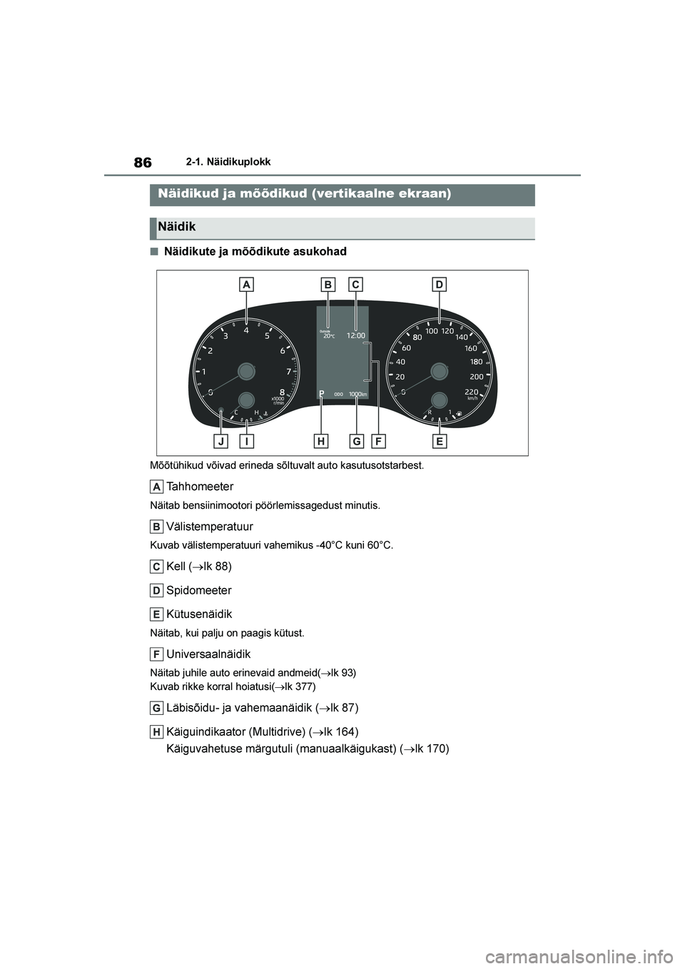 TOYOTA YARIS 2021  Kasutusjuhend (in Estonian) 86
YARIS(HB) Owners Manual_Europe_MK0001_EE
2-1. Näidikuplokk
■Näidikute ja mõõdikute asukohad
Mõõtühikud võivad erineda sõltuvalt auto kasutusotstarbest.
Tahhomeeter
Näitab bensiinimooto
