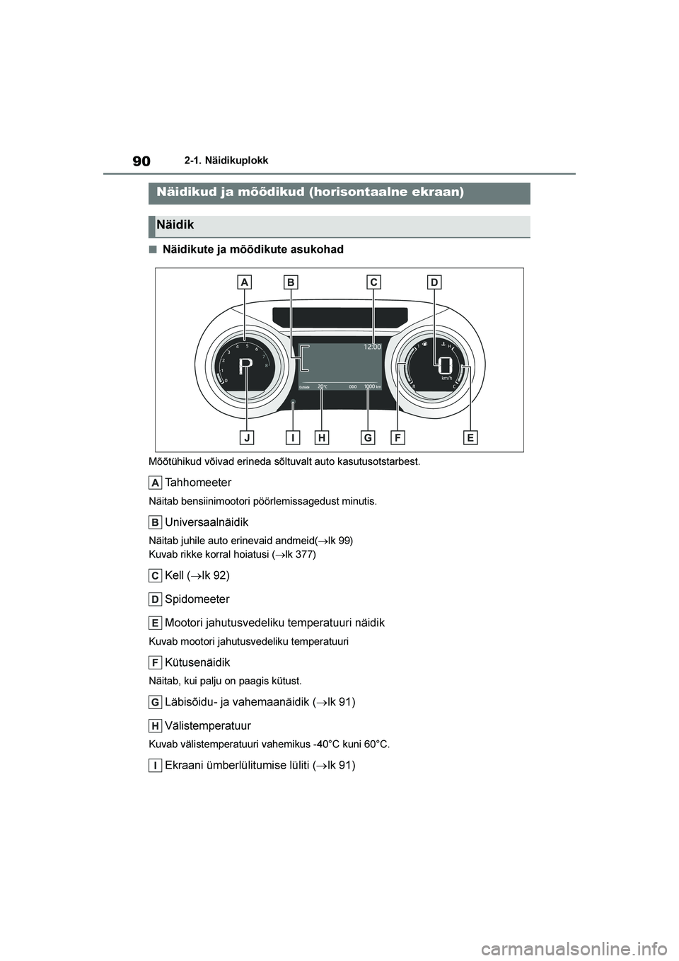 TOYOTA YARIS 2021  Kasutusjuhend (in Estonian) 90
YARIS(HB) Owners Manual_Europe_MK0001_EE
2-1. Näidikuplokk
■Näidikute ja mõõdikute asukohad
Mõõtühikud võivad erineda sõltuvalt auto kasutusotstarbest.
Tahhomeeter
Näitab bensiinimooto
