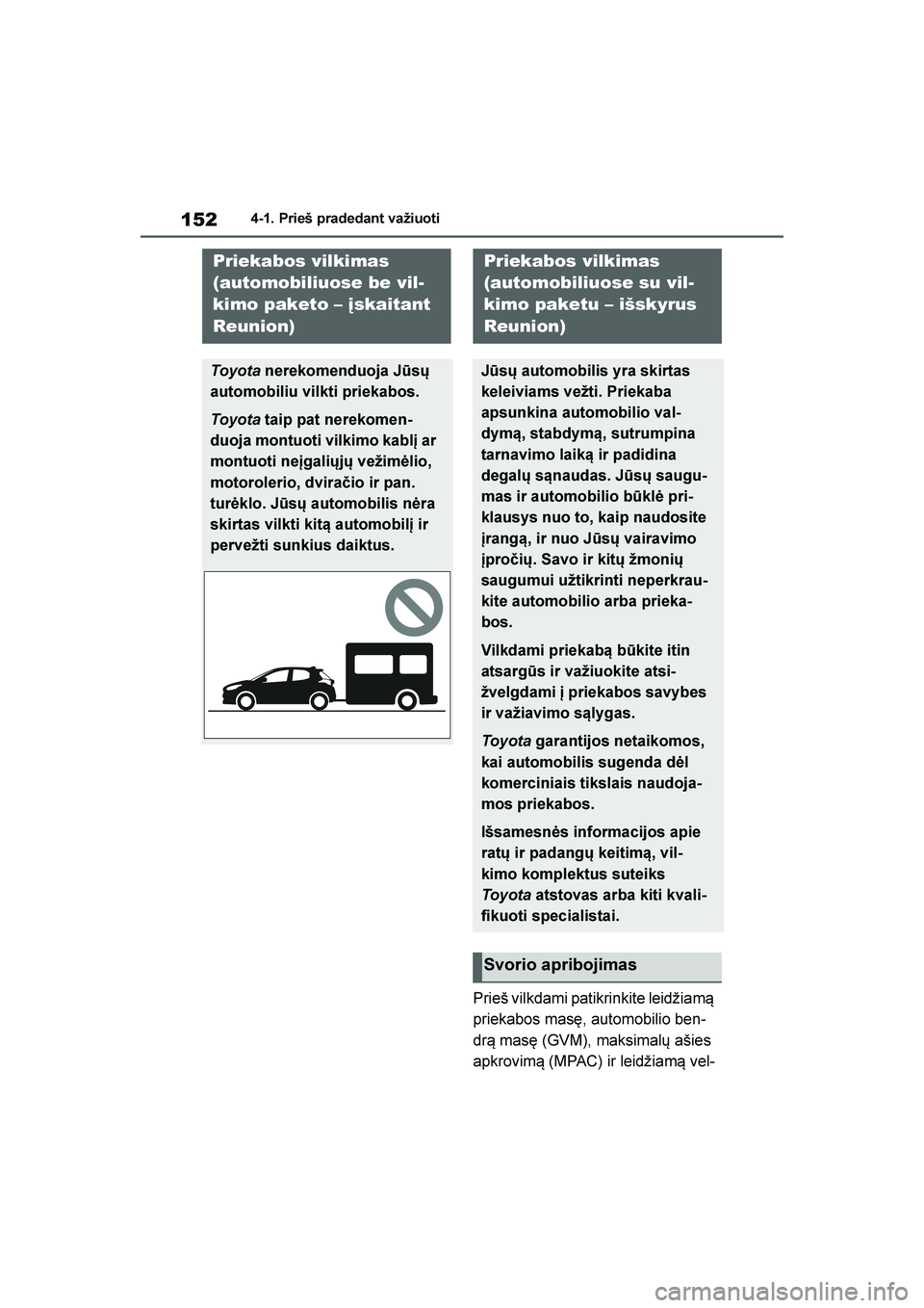 TOYOTA YARIS 2021  Eksploatavimo vadovas (in Lithuanian) 
152
YARIS(HB) Owners Manual_Europe_MK0001_LT
4-1. Prieš pradedant važiuoti
Prieš vilkdami patikrinkite leidžiam\b 
priekabos masę, automobilio ben-
dr\b masę (GVM), maksimalų ašies 
apkrovim
