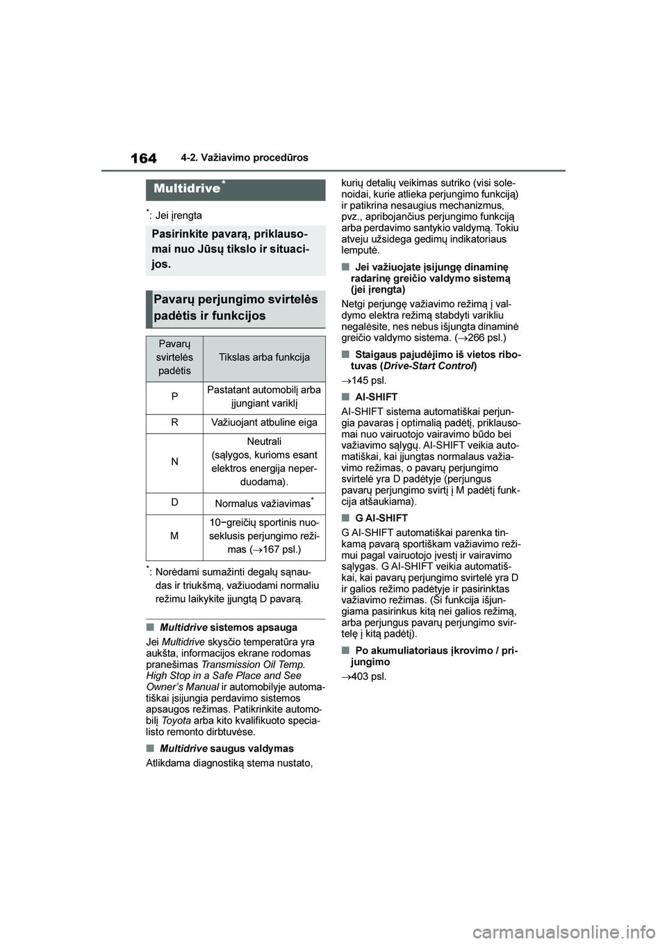 TOYOTA YARIS 2021  Eksploatavimo vadovas (in Lithuanian) 
164
YARIS(HB) Owners Manual_Europe_MK0001_LT
4-2. Važiavimo procedūros
*: Jei įrengta
*: Norėdami sumažinti degalų s\bnau-
das ir triukšm\b, važiuodami normaliu 
režimu laikykite įjungt\b 