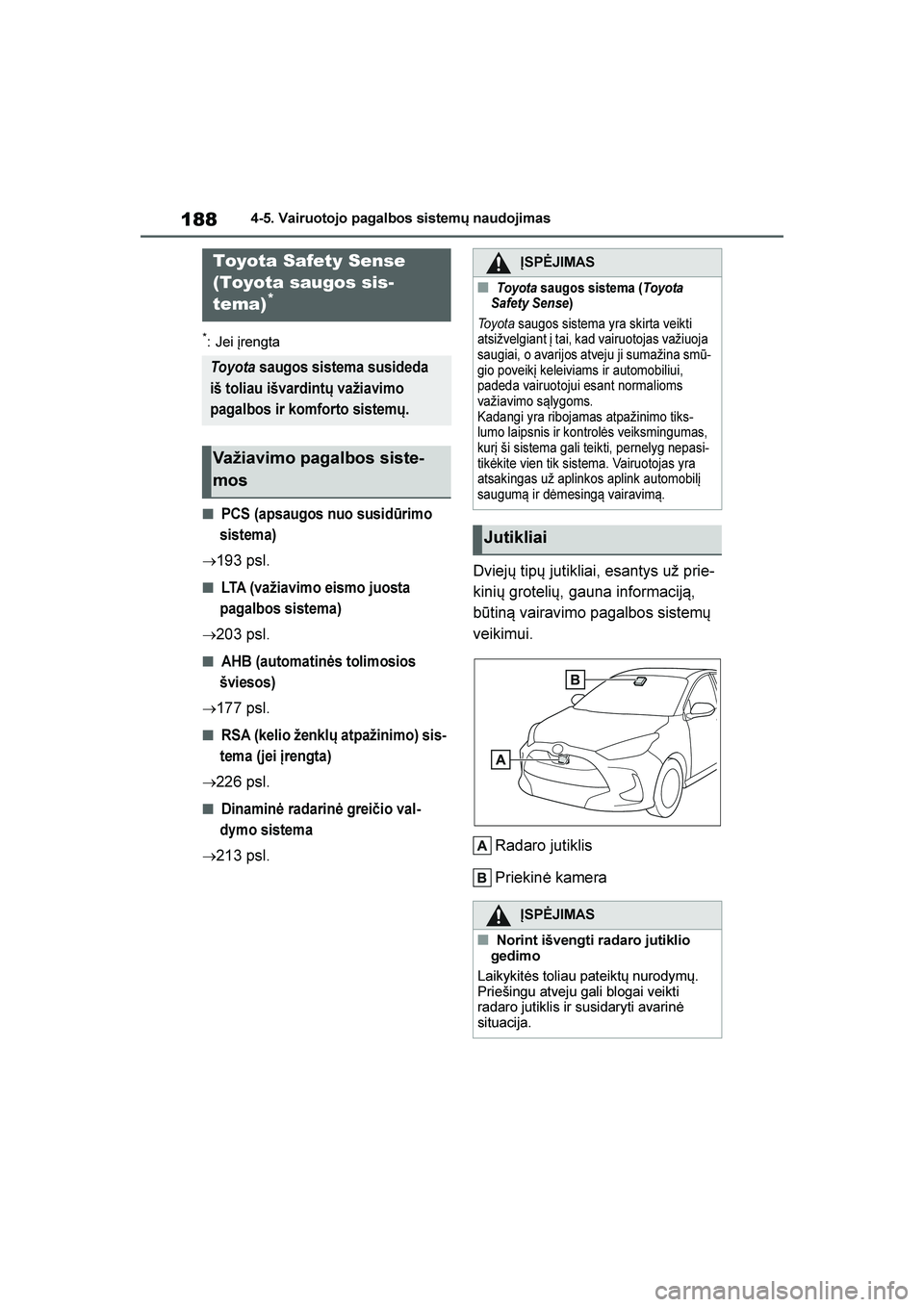 TOYOTA YARIS 2021  Eksploatavimo vadovas (in Lithuanian) 
188
YARIS(HB) Owners Manual_Europe_MK0001_LT
4-5. Vairuotojo pagalbos sistemų naudojimas
4- 5. Vai ru otoj o pag alb os si ste mų  na udoj im a s
*: Jei įrengta
■PCS (apsaugos nuo susidūrimo 
