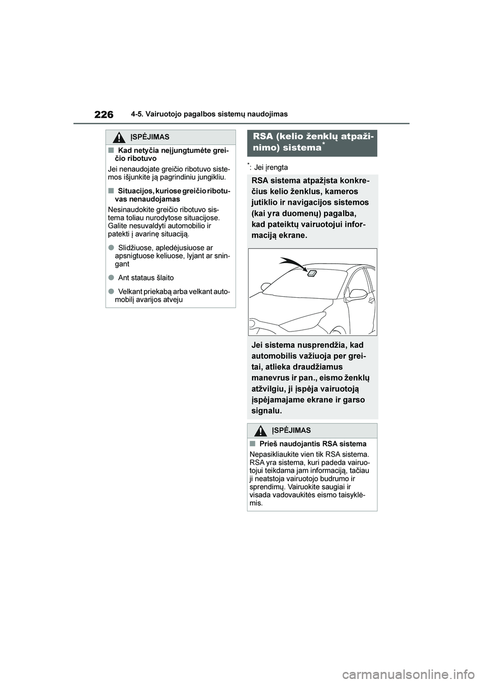 TOYOTA YARIS 2021  Eksploatavimo vadovas (in Lithuanian) 
226
YARIS(HB) Owners Manual_Europe_MK0001_LT
4-5. Vairuotojo pagalbos sistemų naudojimas
*: Jei įrengta
ĮSPĖJIMAS
■Kad nety čia ne\bjungtumėte grei-
čio ribotuvo
Jei nenaudojate greičio ri