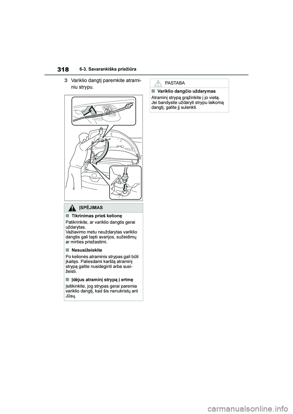 TOYOTA YARIS 2021  Eksploatavimo vadovas (in Lithuanian) 
318
YARIS(HB) Owners Manual_Europe_MK0001_LT
6-3. Savarankiška priežiūra
3Variklio dangtį paremkite atrami -
niu strypu.
ĮSPĖJIMAS
■Tikrinimas prieš kelionę
Patikrinkite, ar variklio dangt
