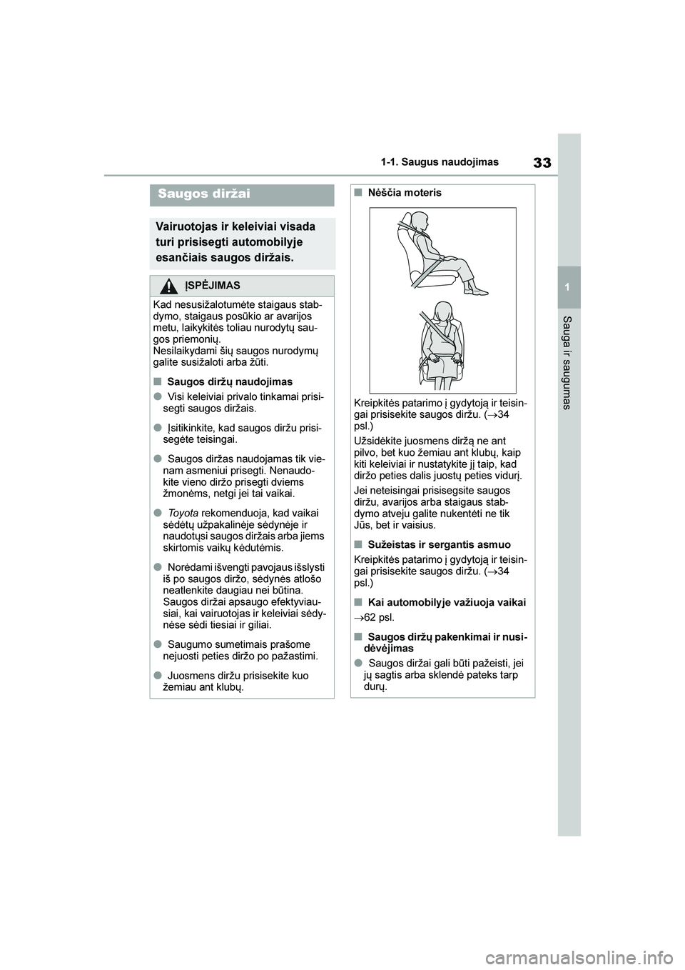 TOYOTA YARIS 2021  Eksploatavimo vadovas (in Lithuanian) 
33
1
YARIS(HB) Owners Manual_Europe_MK0001_LT
1-1. Saugus naudojimas
Sauga ir saugumas
Saugos diržai
Vairuotojas ir keleiviai visada 
turi prisisegti automobilyje 
esan\biais saugos diržais.
ĮSP