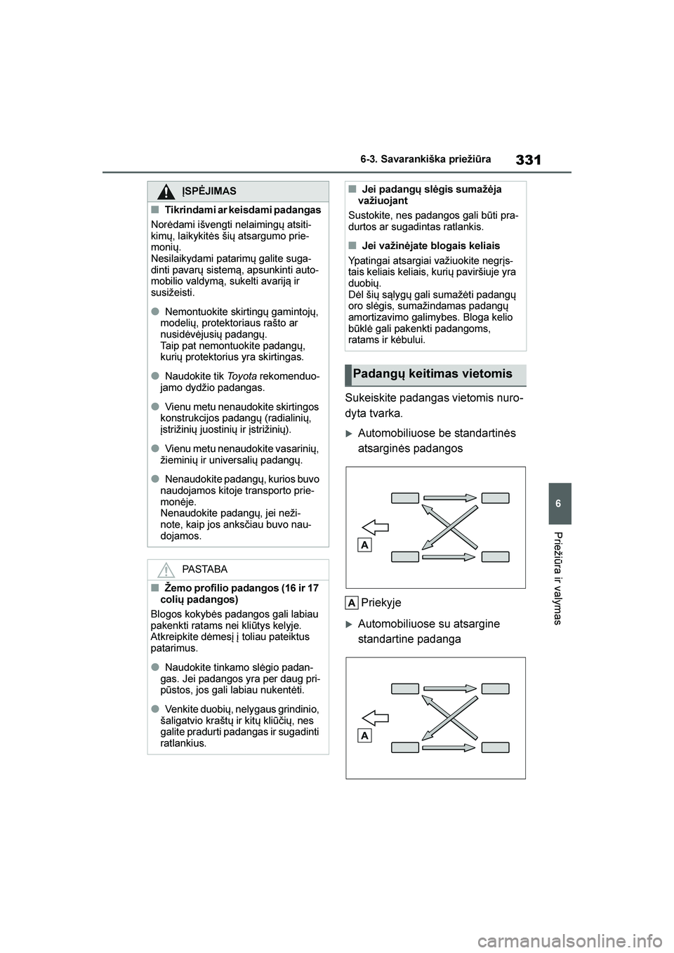 TOYOTA YARIS 2021  Eksploatavimo vadovas (in Lithuanian) 
331
6
YARIS(HB) Owners Manual_Europe_MK0001_LT
6-3. Savarankiška priežiūra
Priežiūra ir valymas
Sukeiskite padangas vietomis nuro-
dyta tvarka.
Automobiliuose be standartinės 
atsarginės pad