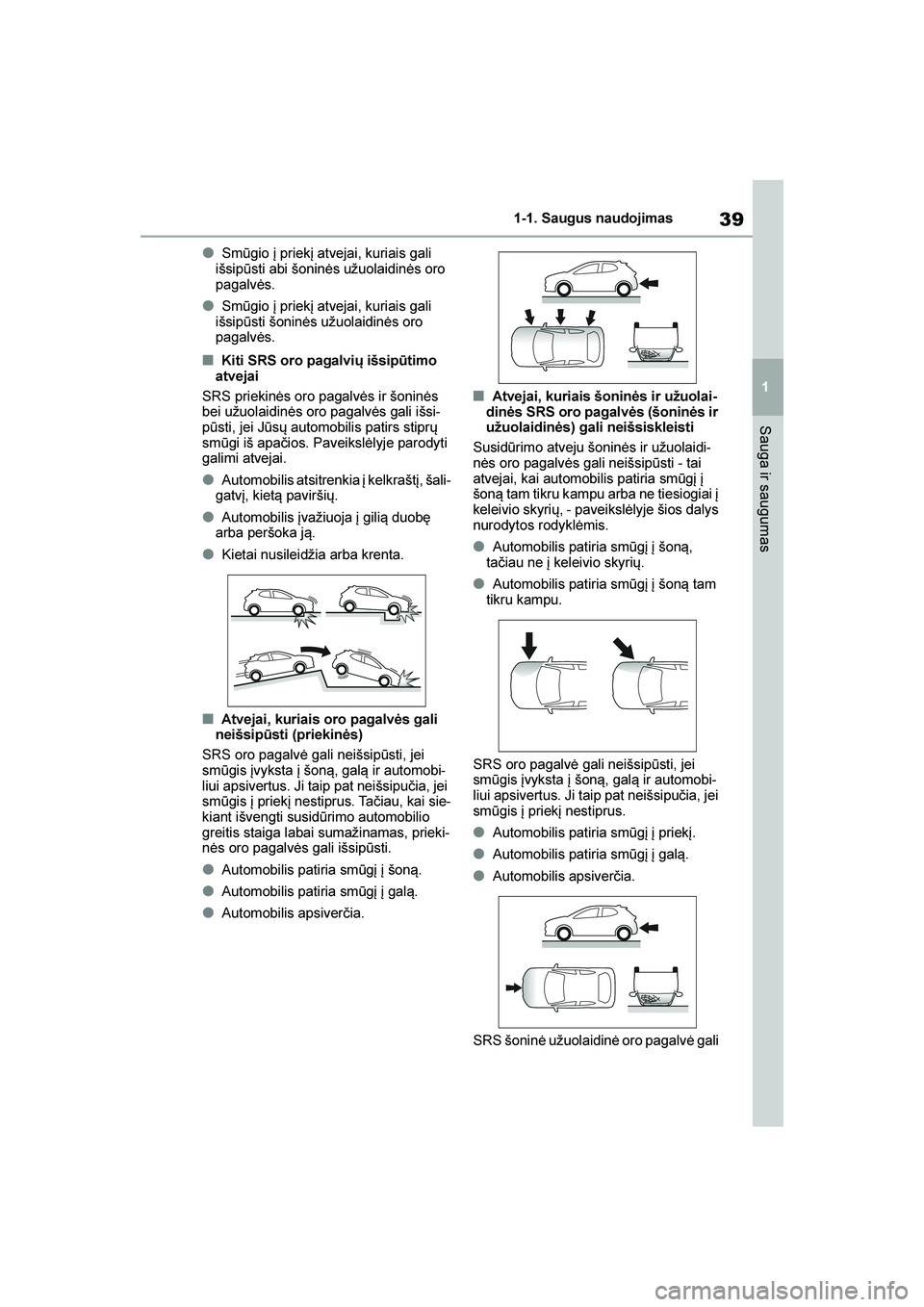 TOYOTA YARIS 2021  Eksploatavimo vadovas (in Lithuanian) 
39
1
YARIS(HB) Owners Manual_Europe_MK0001_LT
1-1. Saugus naudojimas
Sauga ir saugumas
●Smūgio į priekį atvejai, kuriais gali 
išsipūsti abi šoninės užuolaidinės oro 
pagalvės.
●Smūgi