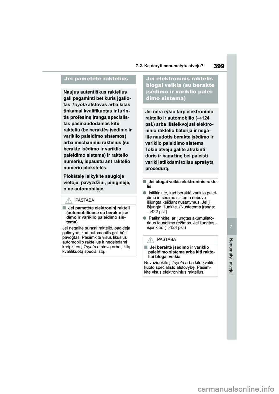 TOYOTA YARIS 2021  Eksploatavimo vadovas (in Lithuanian) 
399
7
YARIS(HB) Owners Manual_Europe_MK0001_LT
7-2. Ką dary ti nenumaty tu atveju?
Nenumatyti atvejai
■Jei blogai veikia elektroninis rakte-
lis
●Įsitikinkite, kad beraktė variklio palei -
di