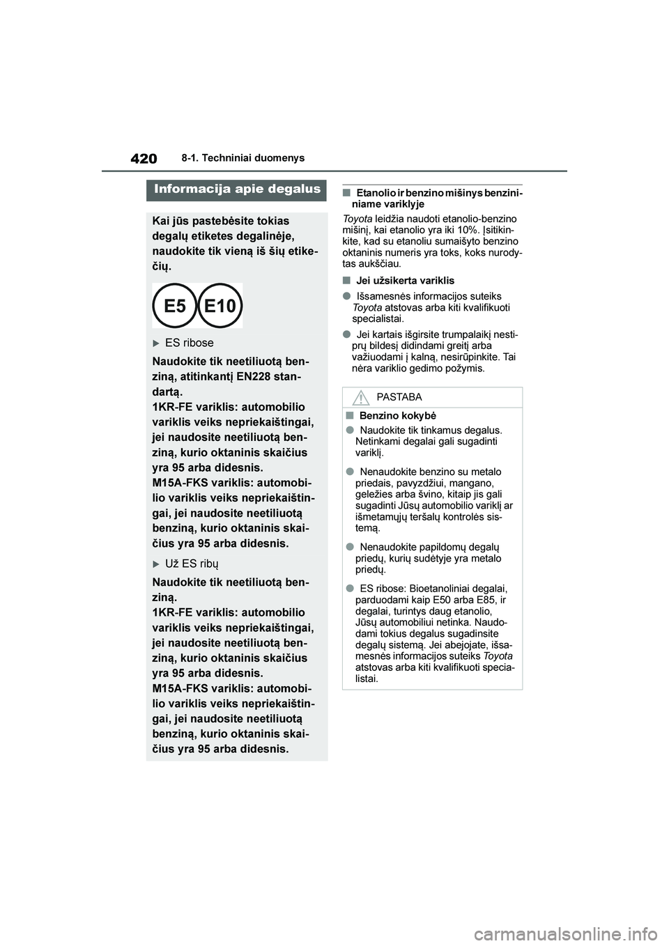 TOYOTA YARIS 2021 Eksploatavimo vadovas (in Lithuanian)
420
YARIS(HB) Owners Manual_Europe_MK0001_LT
8-1. Techniniai duomeny s
■Etanolio ir benzino mišiny s benzini-
niame variklyje
To y o t a leidžia naudoti etanolio-benzino
mišinį, kai etanolio TOYOTA YARIS 2021 Eksploatavimo vadovas (in Lithuanian)
420
YARIS(HB) Owners Manual_Europe_MK0001_LT
8-1. Techniniai duomeny s
■Etanolio ir benzino mišiny s benzini-
niame variklyje
To y o t a leidžia naudoti etanolio-benzino
mišinį, kai etanolio