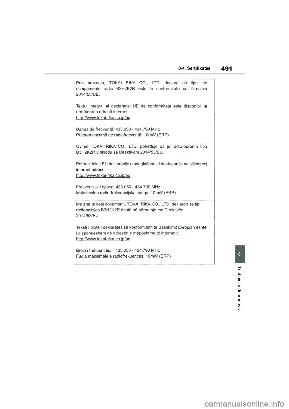 TOYOTA YARIS 2021  Eksploatavimo vadovas (in Lithuanian) 
491
8
YARIS(HB) Owners Manual_Europe_MK0001_LT
8-4. Sertifikatas
Techniniai duomenys
YARIS(HB)_OM_Europe_OMK0001LT.book  Page 491  Wednesday, April 1, 2020  11:32 AM 