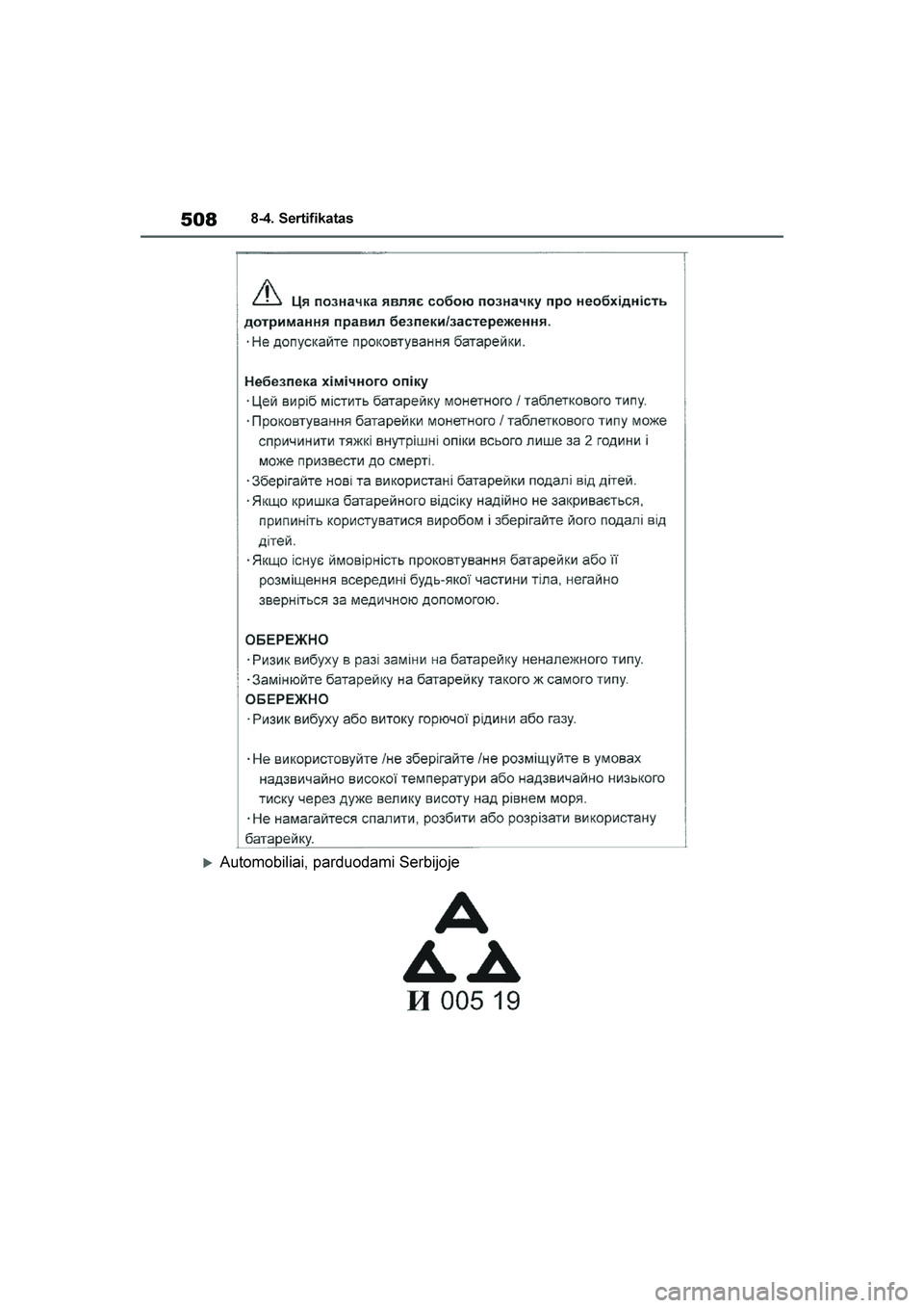 TOYOTA YARIS 2021  Eksploatavimo vadovas (in Lithuanian) 
508
YARIS(HB) Owners Manual_Europe_MK0001_LT
8-4. Sertifikatas
Automobiliai, parduodami Serbijoje
YARIS(HB)_OM_Europe_OMK0001LT.book  Page 508  Wednesday, April 1, 2020  11:32 AM 