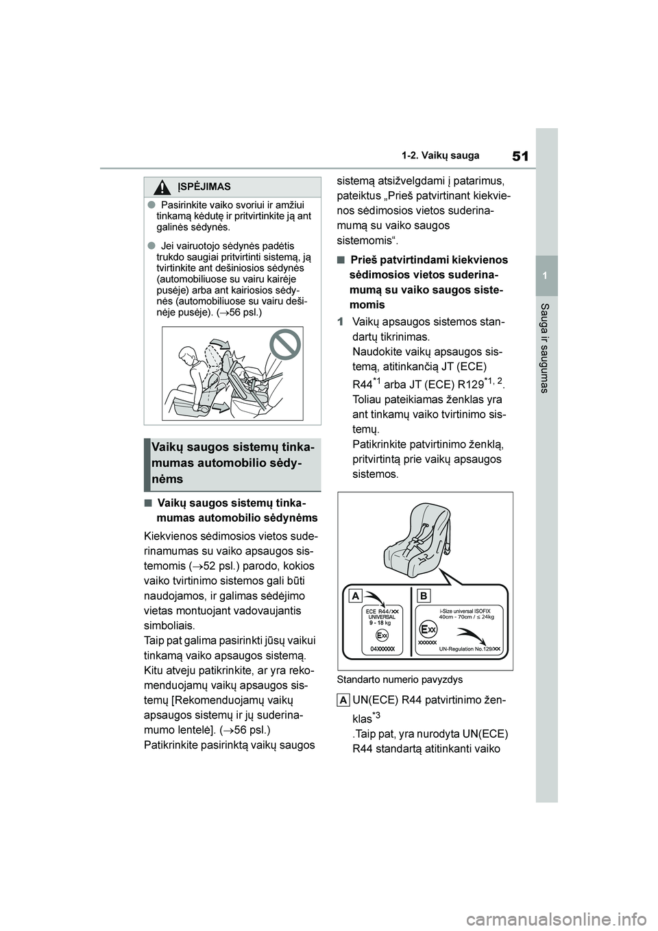 TOYOTA YARIS 2021  Eksploatavimo vadovas (in Lithuanian) 
51
1
YARIS(HB) Owners Manual_Europe_MK0001_LT
1-2. Vaikų sauga
Sauga ir saugumas
■Vaikų saugos sistemų tinka-
mumas automobilio sėdynėms
Kiekvienos sėdimosios vietos sude -
rinamumas su vaik