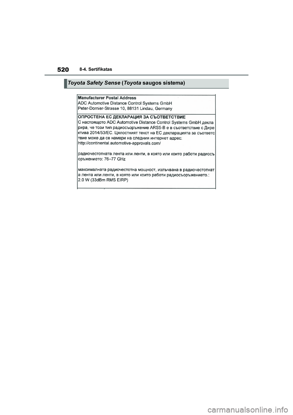 TOYOTA YARIS 2021  Eksploatavimo vadovas (in Lithuanian) 
520
YARIS(HB) Owners Manual_Europe_MK0001_LT
8-4. Sertifikatas
Toyota Safety Sense (Toyota  saugos sistema)
YARIS(HB)_OM_Europe_OMK0001LT.book  Page 520  Wednesday, April 1, 2020  11:32 AM 