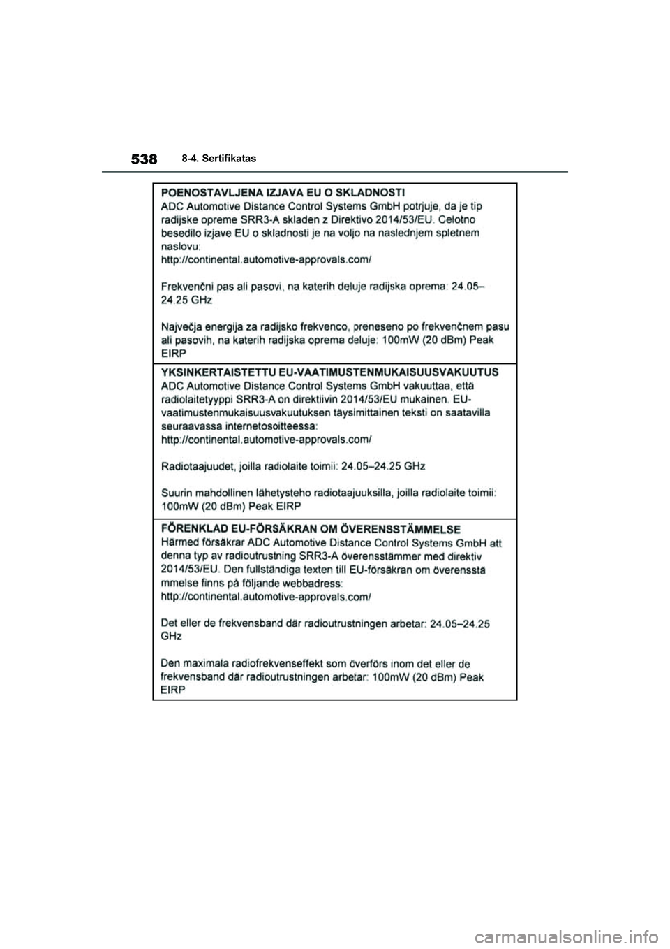 TOYOTA YARIS 2021  Eksploatavimo vadovas (in Lithuanian) 
538
YARIS(HB) Owners Manual_Europe_MK0001_LT
8-4. Sertifikatas
YARIS(HB)_OM_Europe_OMK0001LT.book  Page 538  Wednesday, April 1, 2020  11:32 AM 