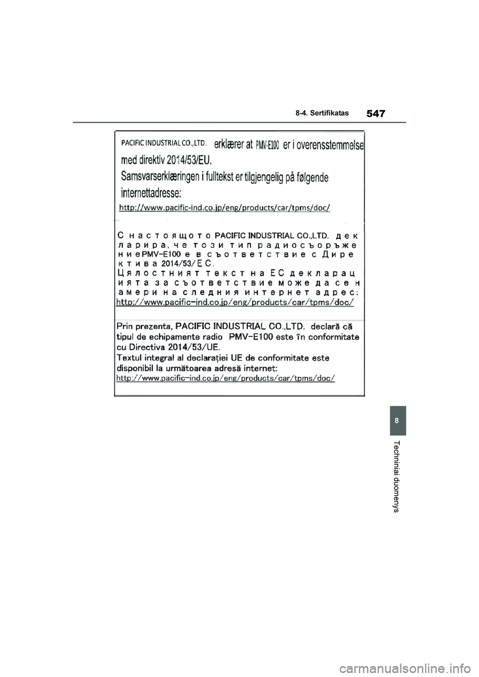 TOYOTA YARIS 2021  Eksploatavimo vadovas (in Lithuanian) 
547
8
YARIS(HB) Owners Manual_Europe_MK0001_LT
8-4. Sertifikatas
Techniniai duomenys
YARIS(HB)_OM_Europe_OMK0001LT.book  Page 547  Wednesday, April 1, 2020  11:32 AM 