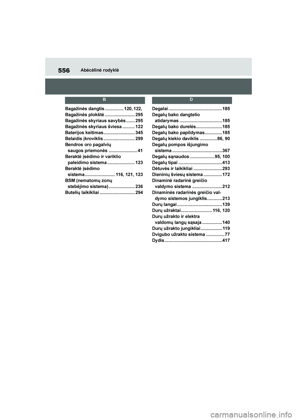 TOYOTA YARIS 2021  Eksploatavimo vadovas (in Lithuanian) 
556
YARIS(HB) Owners Manual_Europe_MK0001_LT
Abėcėlinė rody klė
B
Bagažinės dangtis ............... 120, 122, 
Bagažinės plokštė ........................ 295
Bagažinės skyriaus savy bės