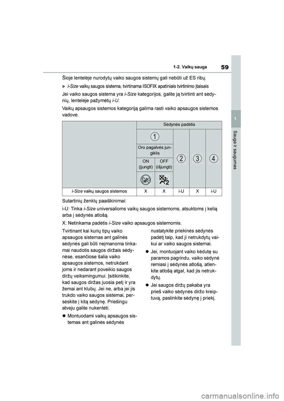 TOYOTA YARIS 2021  Eksploatavimo vadovas (in Lithuanian) 
59
1
YARIS(HB) Owners Manual_Europe_MK0001_LT
1-2. Vaikų sauga
Sauga ir saugumas
Šioje lentelėje nurodytų vaiko saugos sistemų gali nebūti už ES ribų.
i-Size vaikų saugos sistema, tvirtina