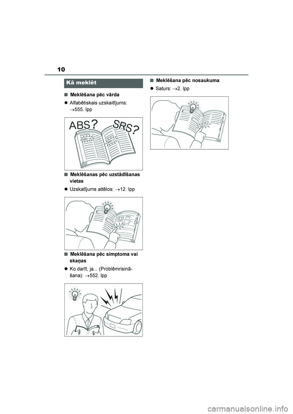 TOYOTA YARIS 2021  Lietošanas Instrukcija (in Latvian) 
10
YARIS(HB) Owners Manual_Europe_MK0001_LV
■Meklēšana pēc vārda
 Alfabētiskais uzskaitījums: 
→555. lpp
■Meklēšanas pēc uzstādīšanas 
vietas
 Uzskatījums attēlos:  →12. lpp
