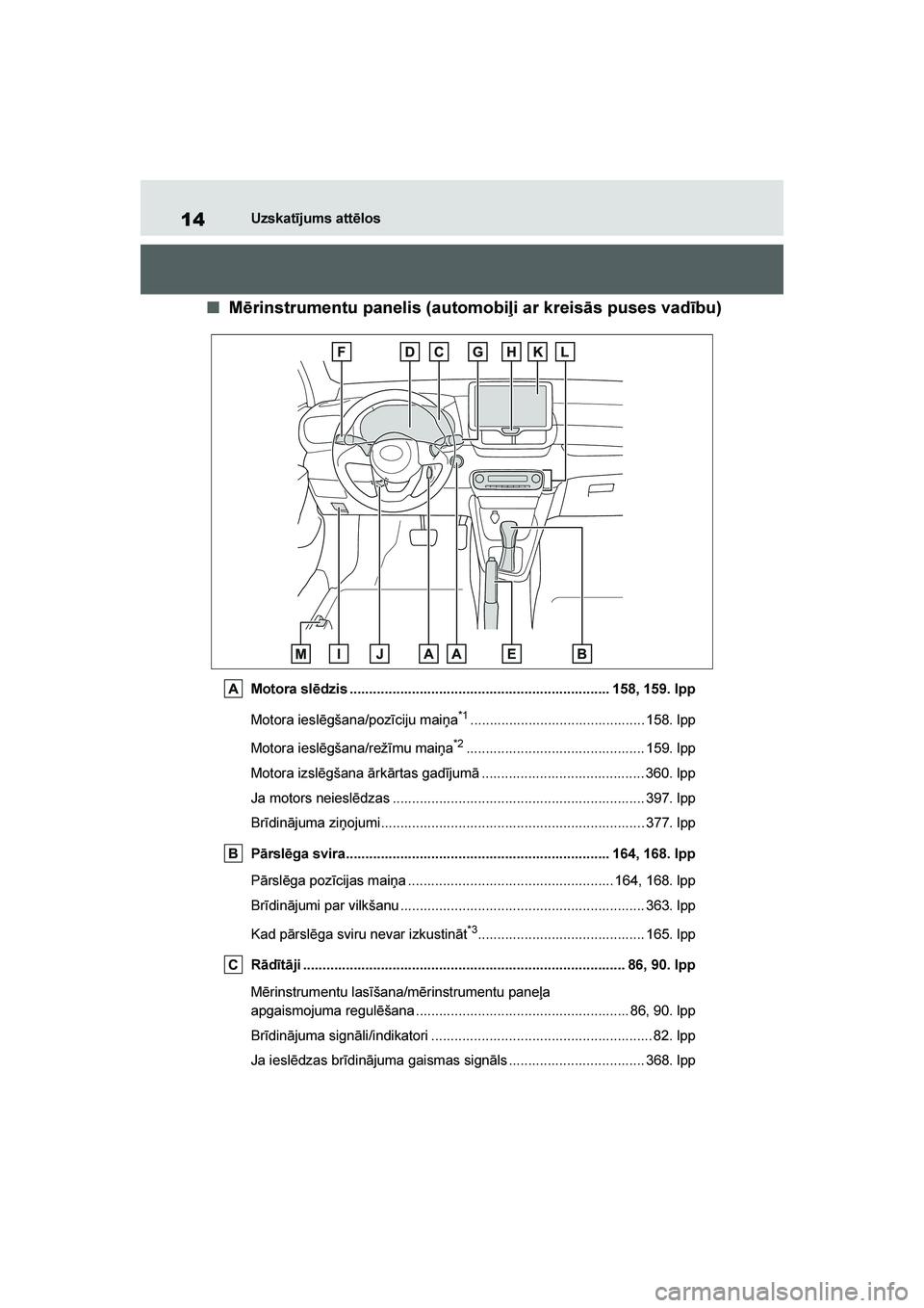 TOYOTA YARIS 2021  Lietošanas Instrukcija (in Latvian) 
14
YARIS(HB) Owners Manual_Europe_MK0001_LV
Uzskatījums attēlos
■Mērinstrumentu panelis (automobiļi ar kreisās puses vadību)
Motora slēdzis .................................................