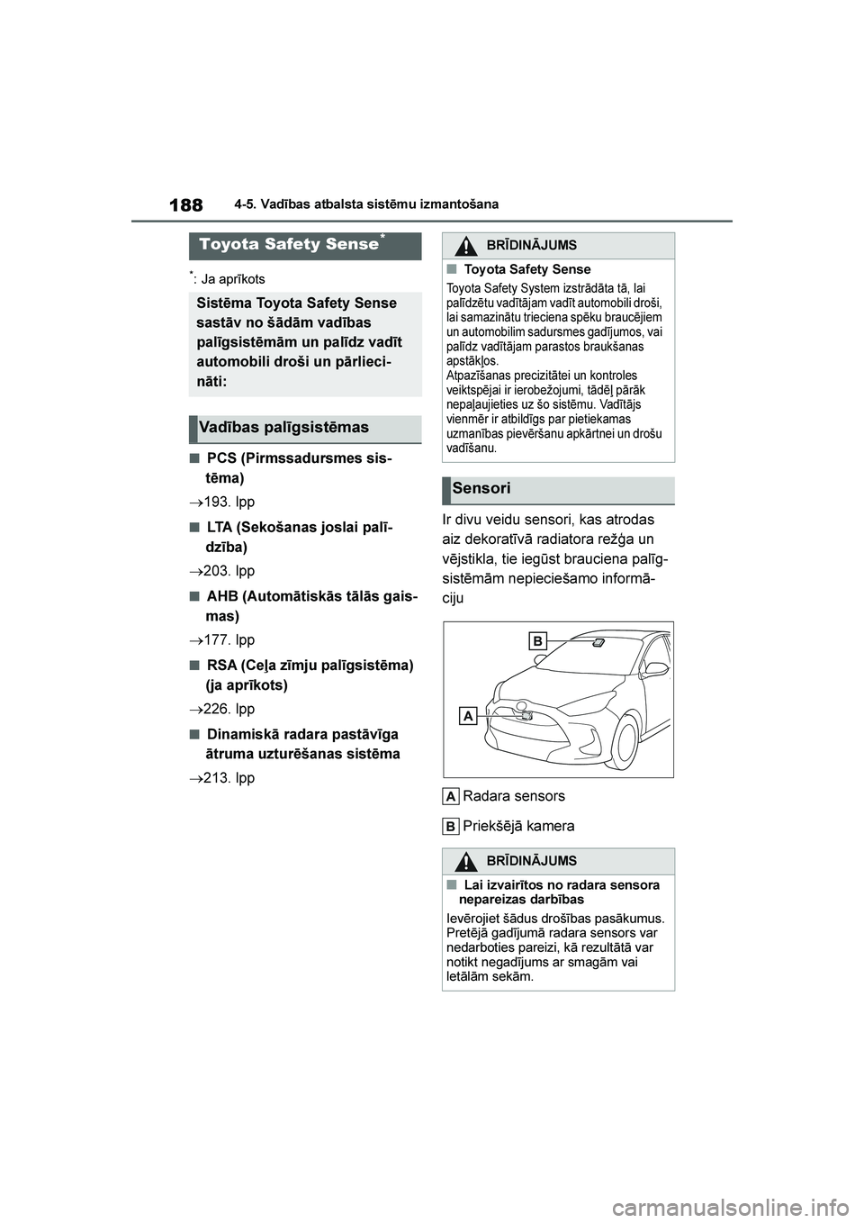 TOYOTA YARIS 2021  Lietošanas Instrukcija (in Latvian) 
188
YARIS(HB) Owners Manual_Europe_MK0001_LV
4-5. Vadības atbalsta sistēmu izmantošana
4- 5. Vadī ba s a tba ls ta si st ēm u izma ntoš ana
*: Ja aprīkots
■PCS (Pirmssadursmes sis-
tēma)
