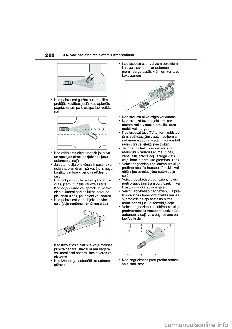 TOYOTA YARIS 2021  Lietošanas Instrukcija (in Latvian) 
200
YARIS(HB) Owners Manual_Europe_MK0001_LV
4-5. Vadības atbalsta sistēmu izmantošana
• Kad pabraucat garām automobilim  pretējās kustības joslā, kas apturēts 
pagriezienam pa kreisi/pa 