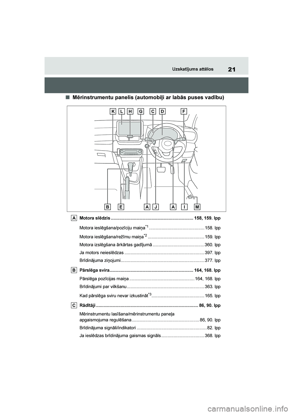 TOYOTA YARIS 2021 Lietošanas Instrukcija (in Latvian)
21
YARIS(HB) Owners Manual_Europe_MK0001_LV
Uzskatījums attēlos
■Mērinstrumentu panelis (automobiļi ar labās puses vadību)
Motora slēdzis ................................................... TOYOTA YARIS 2021 Lietošanas Instrukcija (in Latvian)
21
YARIS(HB) Owners Manual_Europe_MK0001_LV
Uzskatījums attēlos
■Mērinstrumentu panelis (automobiļi ar labās puses vadību)
Motora slēdzis ...................................................