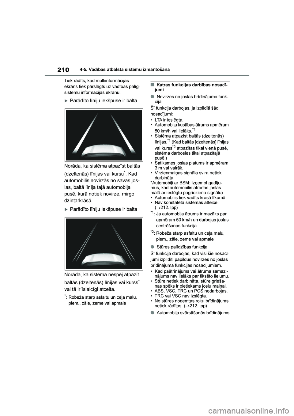 TOYOTA YARIS 2021 Lietošanas Instrukcija (in Latvian)
210
YARIS(HB) Owners Manual_Europe_MK0001_LV
4-5. Vadības atbalsta sistēmu izmantošana
Tiek rādīts, kad multiinformācijas
ekrāns tiek pārslēgts uz vadības palīg -
sistēmu informācijas TOYOTA YARIS 2021 Lietošanas Instrukcija (in Latvian)
210
YARIS(HB) Owners Manual_Europe_MK0001_LV
4-5. Vadības atbalsta sistēmu izmantošana
Tiek rādīts, kad multiinformācijas
ekrāns tiek pārslēgts uz vadības palīg -
sistēmu informācijas