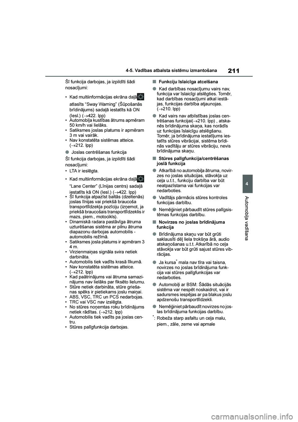 TOYOTA YARIS 2021 Lietošanas Instrukcija (in Latvian)
211
4
YARIS(HB) Owners Manual_Europe_MK0001_LV
4-5. Vadības atbalsta sistēmu izmantošana
Automobiļa vadīšana
Šī funkcija darbojas, ja izpildīti šādi
nosacījumi:
• Kad multiinformācij TOYOTA YARIS 2021 Lietošanas Instrukcija (in Latvian)
211
4
YARIS(HB) Owners Manual_Europe_MK0001_LV
4-5. Vadības atbalsta sistēmu izmantošana
Automobiļa vadīšana
Šī funkcija darbojas, ja izpildīti šādi
nosacījumi:
• Kad multiinformācij