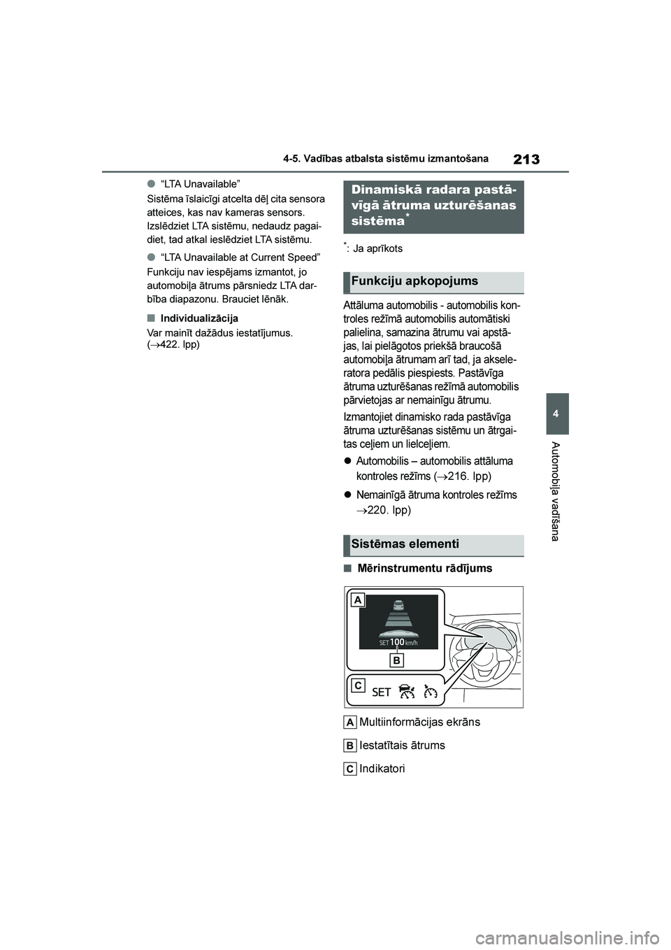TOYOTA YARIS 2021 Lietošanas Instrukcija (in Latvian)
213
4
YARIS(HB) Owners Manual_Europe_MK0001_LV
4-5. Vadības atbalsta sistēmu izmantošana
Automobiļa vadīšana
●“LTA Unavailable”
Sistēma īslaicīgi atcelta dēļ cita sensora
atteices, TOYOTA YARIS 2021 Lietošanas Instrukcija (in Latvian)
213
4
YARIS(HB) Owners Manual_Europe_MK0001_LV
4-5. Vadības atbalsta sistēmu izmantošana
Automobiļa vadīšana
●“LTA Unavailable”
Sistēma īslaicīgi atcelta dēļ cita sensora
atteices,