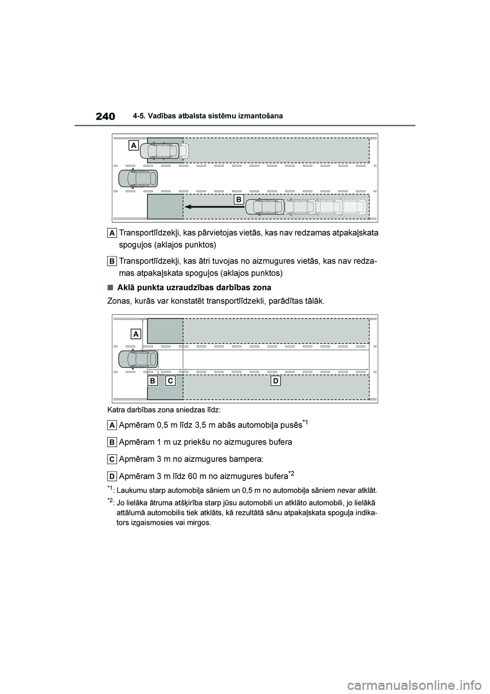 TOYOTA YARIS 2021  Lietošanas Instrukcija (in Latvian) 
240
YARIS(HB) Owners Manual_Europe_MK0001_LV
4-5. Vadības atbalsta sistēmu izmantošana
Transportlīdzekļi, kas pārvietojas vietās, kas nav redzamas atpakaļskata 
spoguļos (aklajos punktos)
T