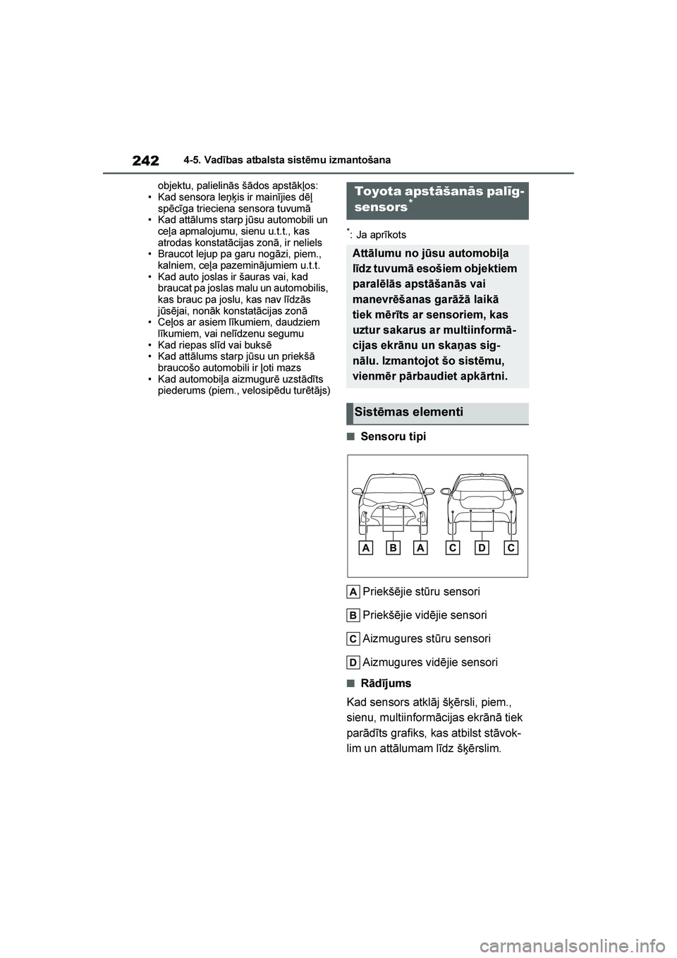 TOYOTA YARIS 2021  Lietošanas Instrukcija (in Latvian) 
242
YARIS(HB) Owners Manual_Europe_MK0001_LV
4-5. Vadības atbalsta sistēmu izmantošana
objektu, palielinās šādos apstākļos:
• Kad sensora leņķis ir mainījies dēļ  spēcīga trieciena 