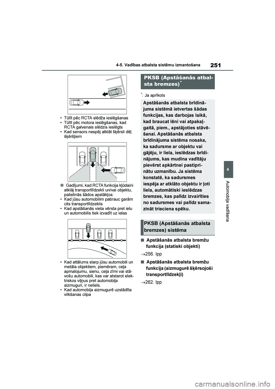 TOYOTA YARIS 2021  Lietošanas Instrukcija (in Latvian) 
251
4
YARIS(HB) Owners Manual_Europe_MK0001_LV
4-5. Vadības atbalsta sistēmu izmantošana
Automobiļa vadīšana
• Tūlīt pēc RCTA slēdža ieslēgšanas
• Tūlīt pēc motora ieslēgšanas,