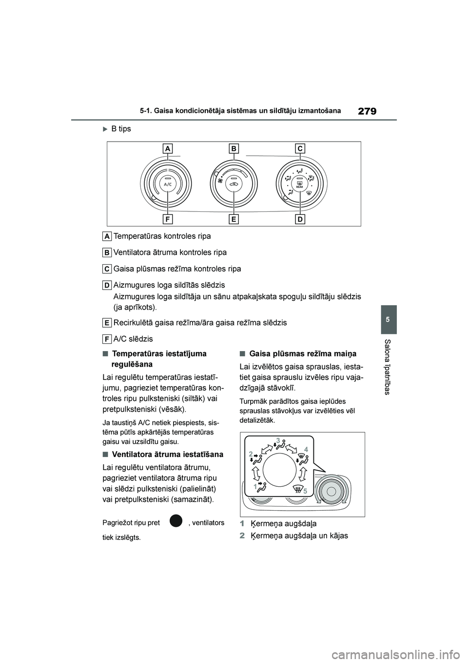 TOYOTA YARIS 2021  Lietošanas Instrukcija (in Latvian) 
279
5
YARIS(HB) Owners Manual_Europe_MK0001_LV
5-1. Gaisa kondicionētāja sistēmas un sildītāju izmantošana
Salona īpatnības
B tipsTemperatūras kontroles ripa
Ventilatora ātruma kontroles 