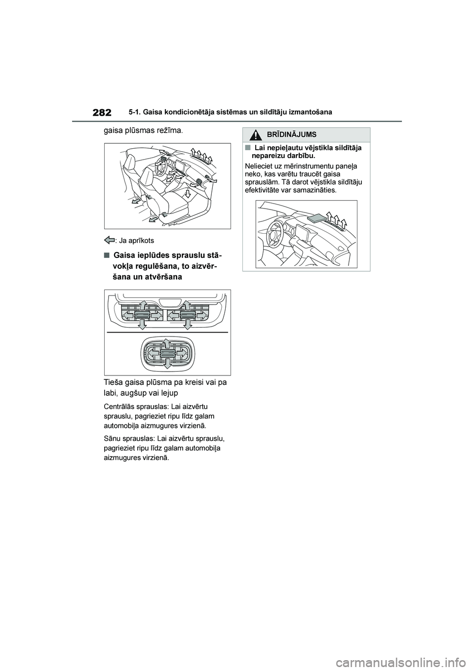 TOYOTA YARIS 2021  Lietošanas Instrukcija (in Latvian) 
282
YARIS(HB) Owners Manual_Europe_MK0001_LV
5-1. Gaisa kondicionētāja sistēmas un sildītāju izmantošana
gaisa plūsmas režīma.
: Ja aprīkots
■Gaisa ieplūdes sprauslu stā-
vokļa regul