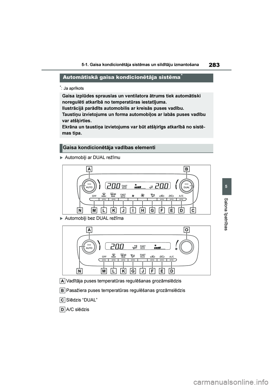 TOYOTA YARIS 2021  Lietošanas Instrukcija (in Latvian) 
283
5
YARIS(HB) Owners Manual_Europe_MK0001_LV
5-1. Gaisa kondicionētāja sistēmas un sildītāju izmantošana
Salona īpatnības
*: Ja aprīkots
Automobiļi ar DUAL režīmu
Automobiļi bez DUA